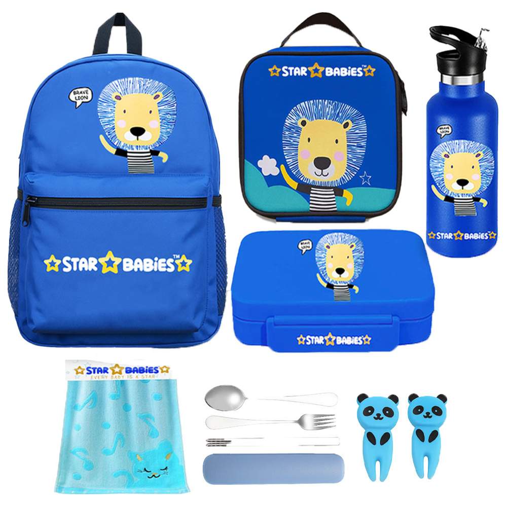 Star Babies - School Backpack, Water Bottle, With Insulated Lunch Bag & Box Set - Brave Lion - 4 Pcs with Free Disposable Towel 10pcs, Spoon & fork set, Fruits picks 2pcs