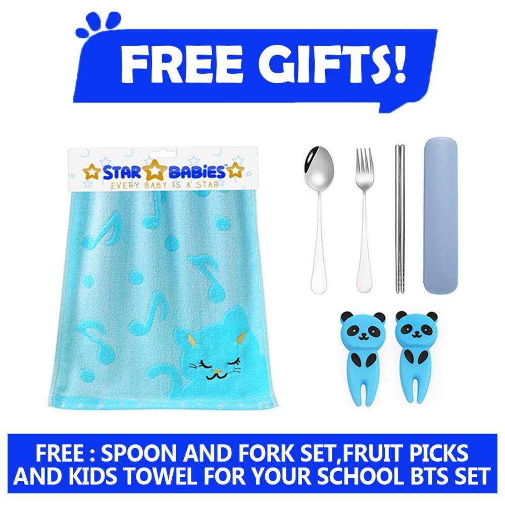 Star Babies - School Backpack, Water Bottle, With Insulated Lunch Bag & Box Set - Brave Lion - 4 Pcs with Free Disposable Towel 10pcs, Spoon & fork set, Fruits picks 2pcs