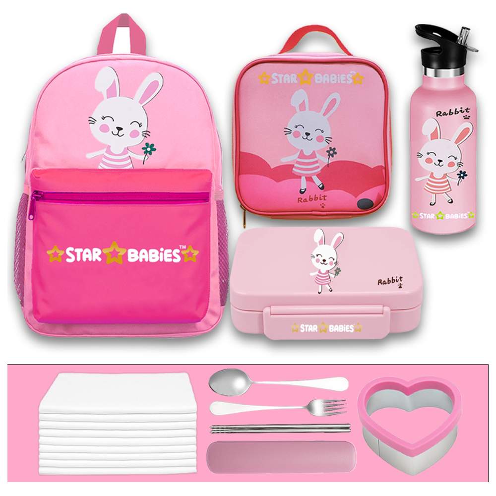 Star Babies - School Backpack, Water Bottle, With Insulated Lunch Bag & Box Set - Cute Rabbit - 4 Pcs with Free Disposable Towel 10pcs, Spoon & fork Set, Sandwich Cutter