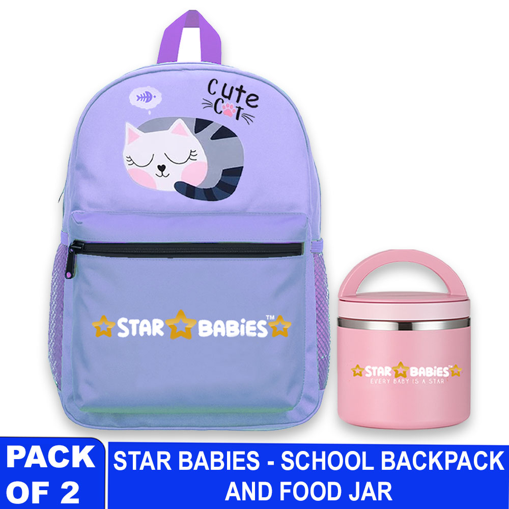 ستار بيبيز - شنطة ظهر مدرسية مع مرطبان طعام - قطة لطيفة - قطعتان