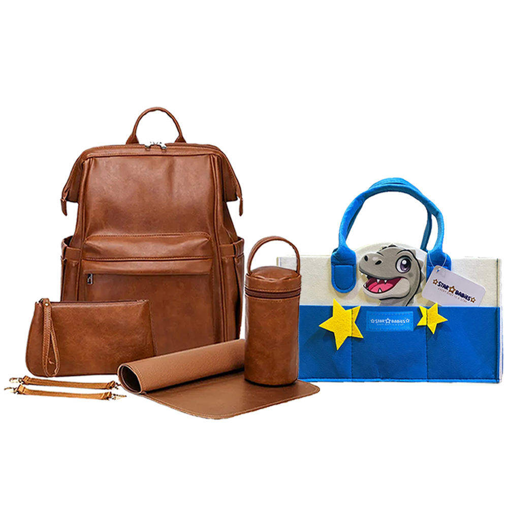 Star Babies - Leather Diaper Bag Bag With Lion Themed Diaper Caddy