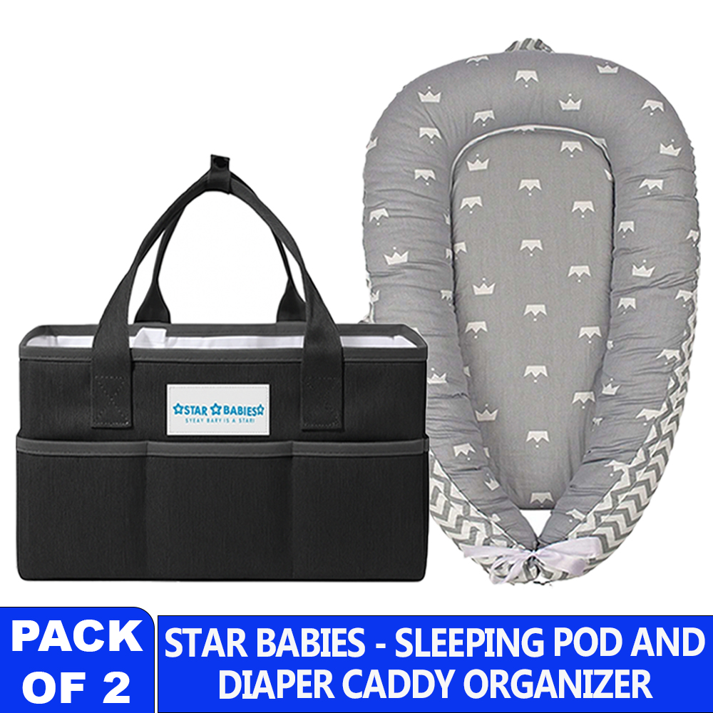 Star Babies - Portable Lounger Sleeping Pod - Grey Stripe With Diaper Caddy Organizer