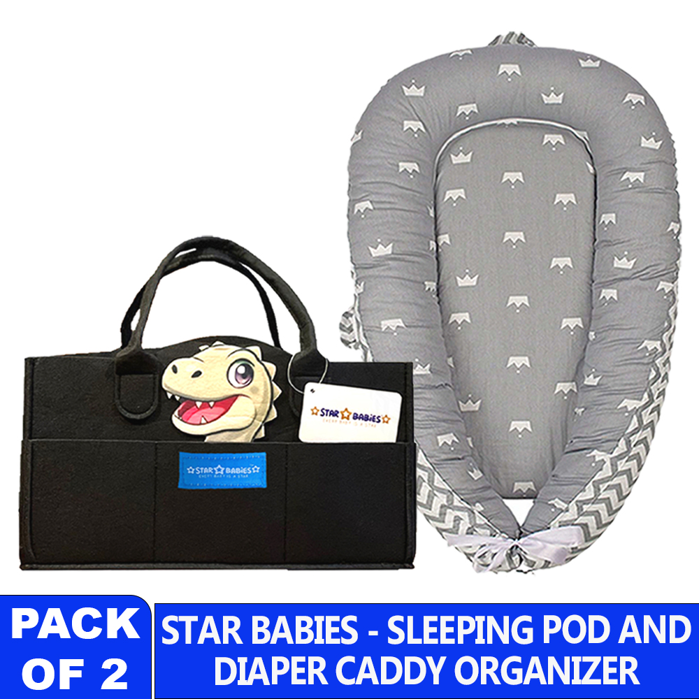 Star Babies - Portable Lounger Sleeping Pod - Grey Stripe With Caddy Diaper Bag Organizer