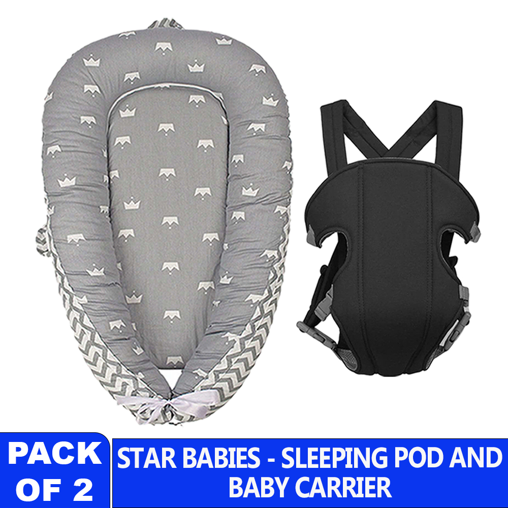 Star Babies - Portable Lounger Sleeping Pod - Grey Stripe With Adjustable Infant Baby Carrier