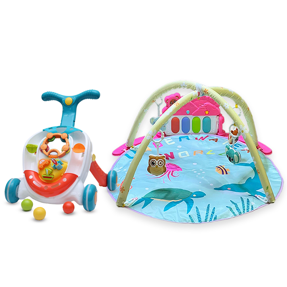 ستار بيبيز - مشاية الكرة الدوارة بضوء وموسيقى مع حصيرة لعب للأطفال - قطعتين