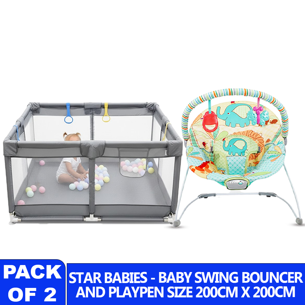 Star Babies Baby Playpen And Swing Bouncer Set - Multicolor - 2 Pcs