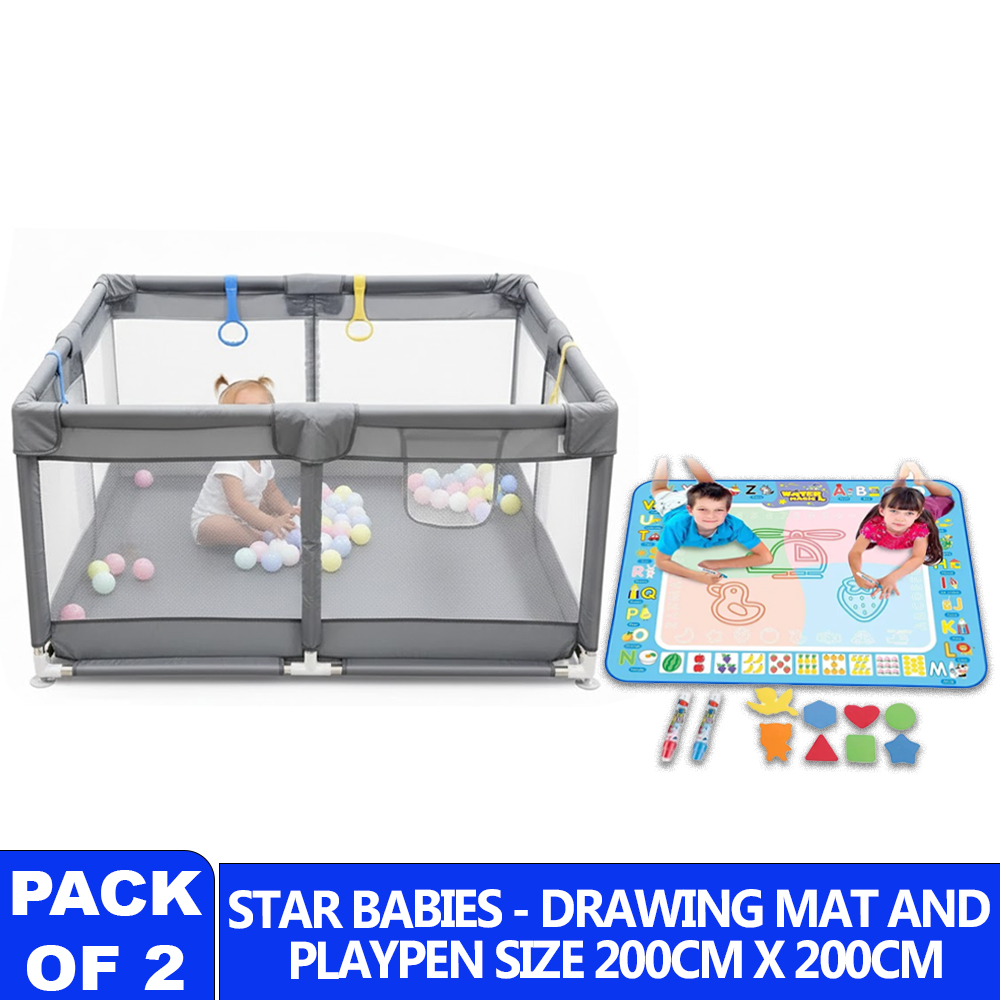 Star Babies Baby Playpen And Drawing Mat Set - Multicolor - 2 Pcs