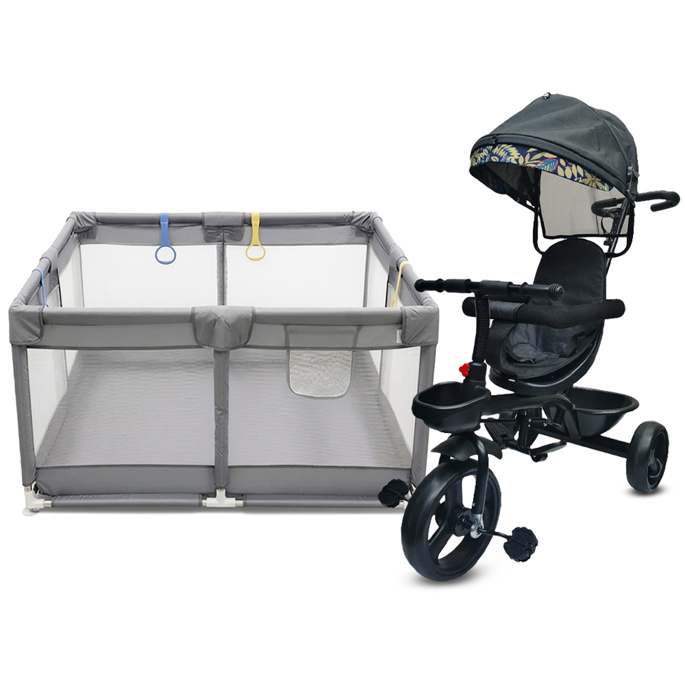 Star Babies - Baby Playpen With 4 Pull-Up Rings & Kids Tricycle Set - Multicolor - 2 Pcs