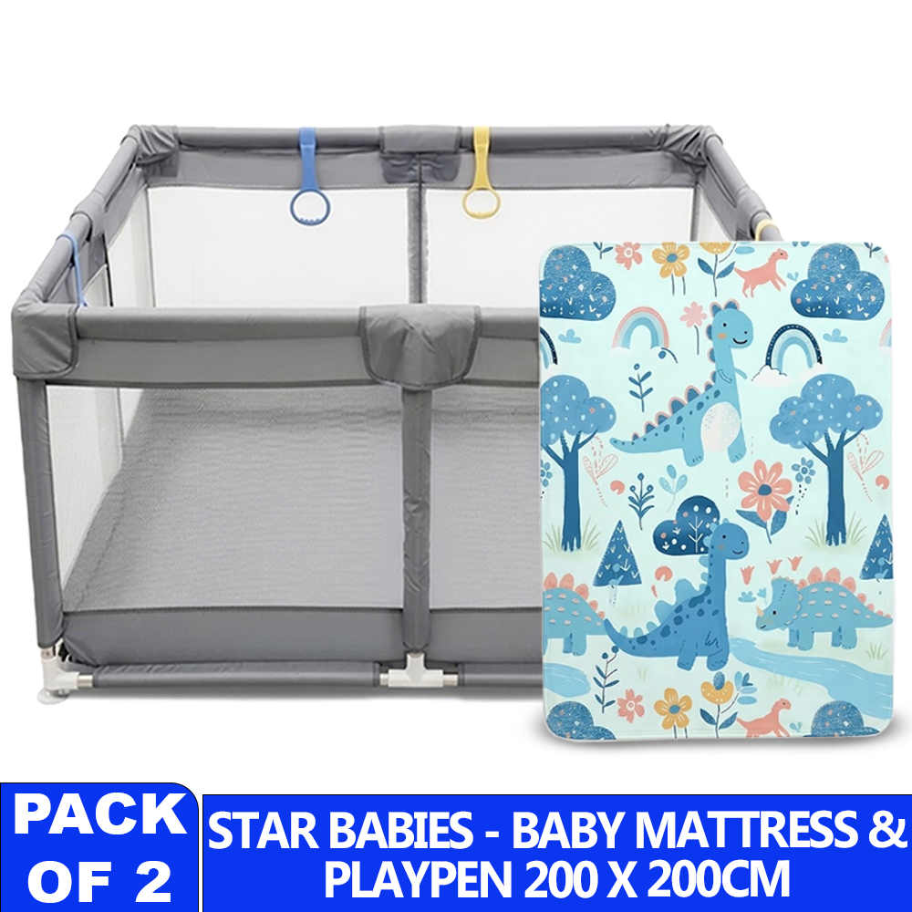 Star Babies - Baby Playpen With 4 Pull-Up Rings & Reusable Play Mattress Set - Multicolor - 2 Pcs