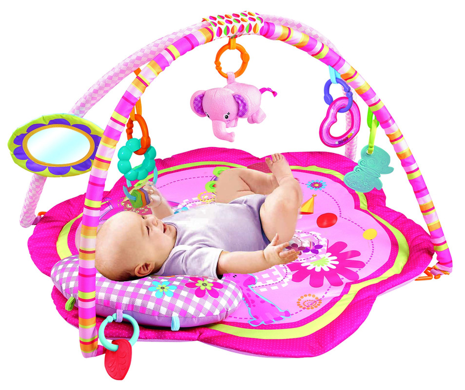 Factory Price - Wild Life Printed Activity Play Gym With Soft Neck Pillow And Removable Toys - Pink