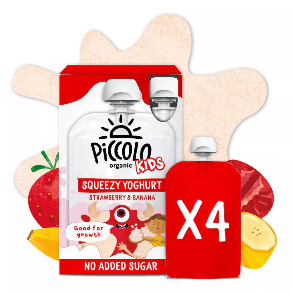 Piccolo - Kids Organic Yoghurt, Strawberry & Banana Squeezy Food - Pack of 4 - 100 gm