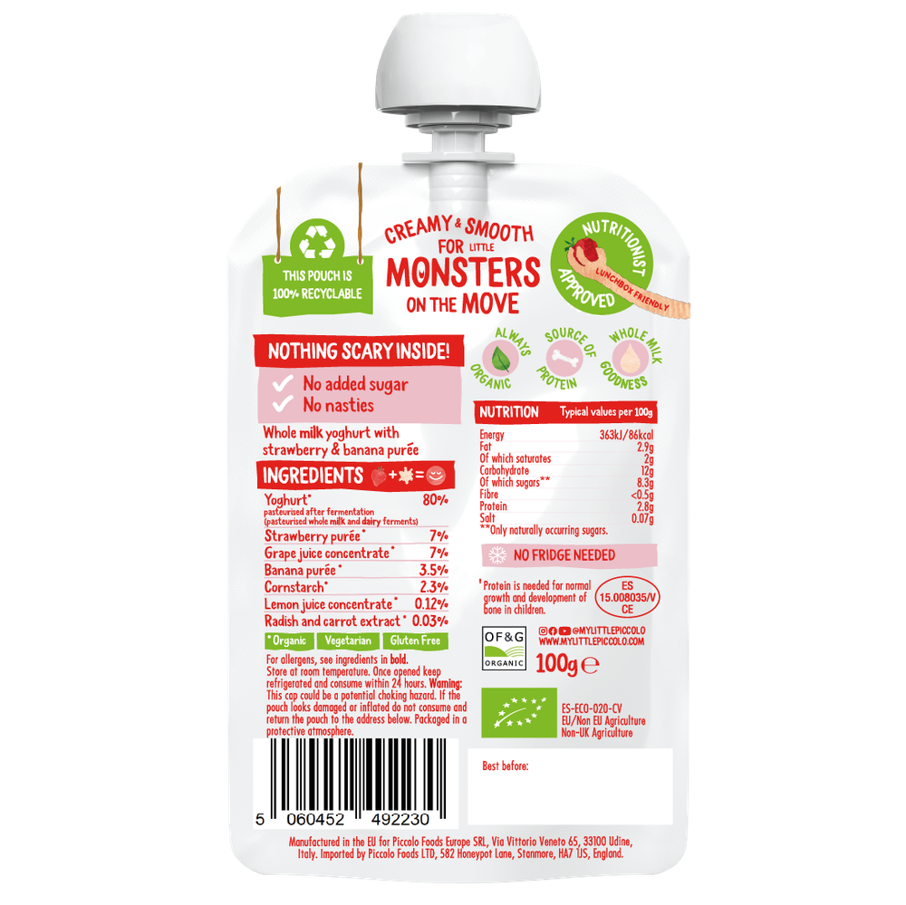 Piccolo - Kids Organic Yoghurt, Strawberry & Banana Squeezy Food - Pack of 4 - 100 gm