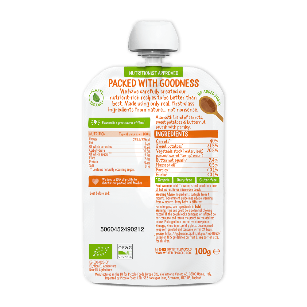 Piccolo - Organic Carrot, Sweet Potato & Butternut Squash Baby Food - 100 gm