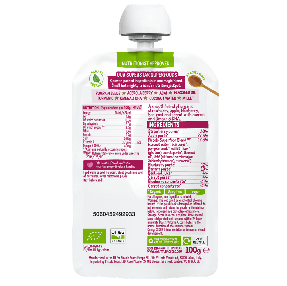 Piccolo - Organic Superboost Strawberry, Apple, Blueberry, Beetroot & Carrot Baby Food - 100 gm