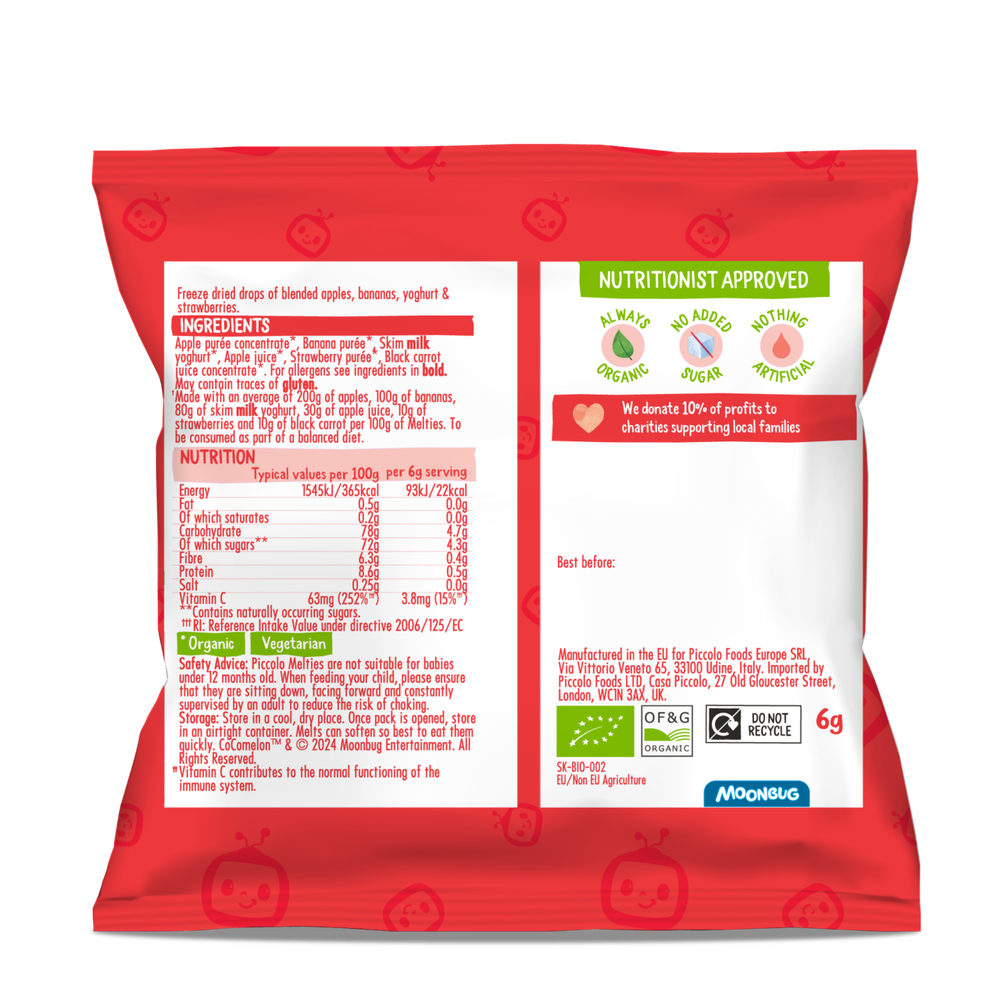 Piccolo - Cocomelon Organic Apple, Banana, Yoghurt & Strawberry Melties - 6 gm