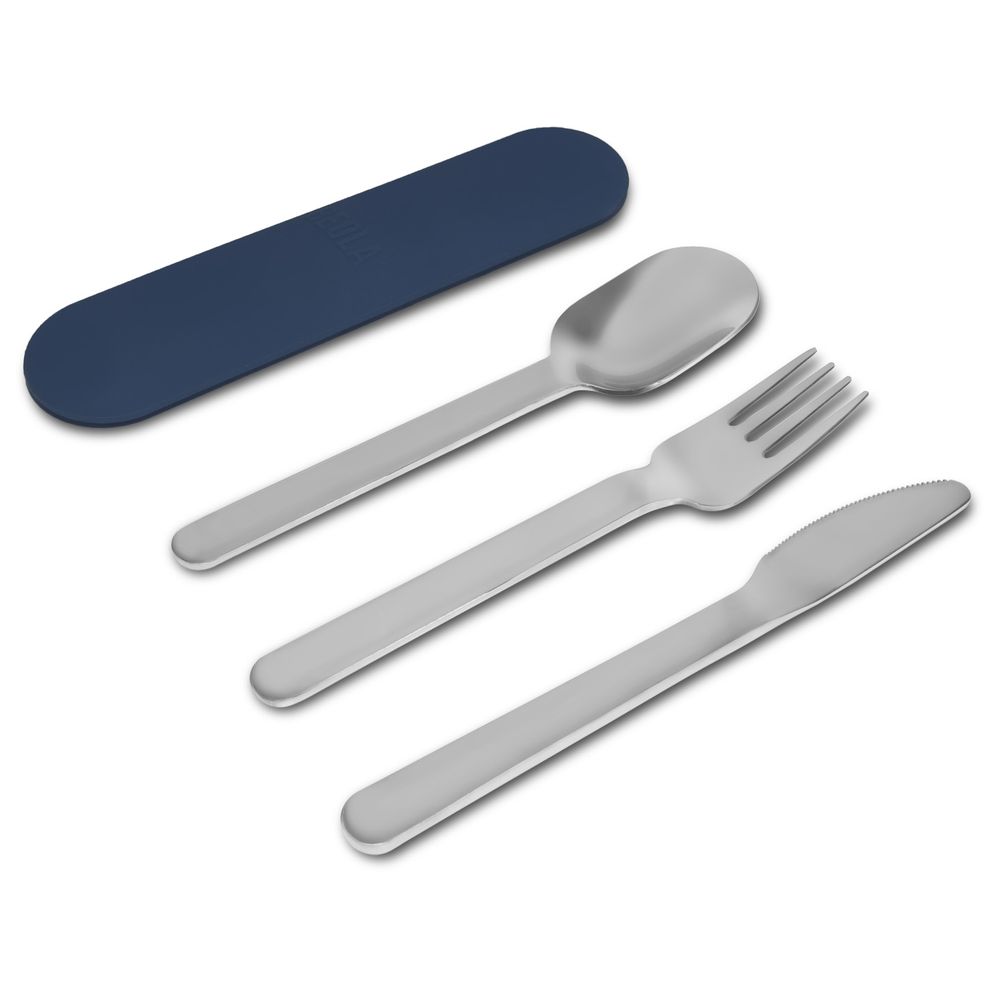 بيولا - طقم أدوات مائدة سفر من الفولاذ المقاوم للصدأ مع حافظة سيليكون - أزرق بحري - 4 قطع