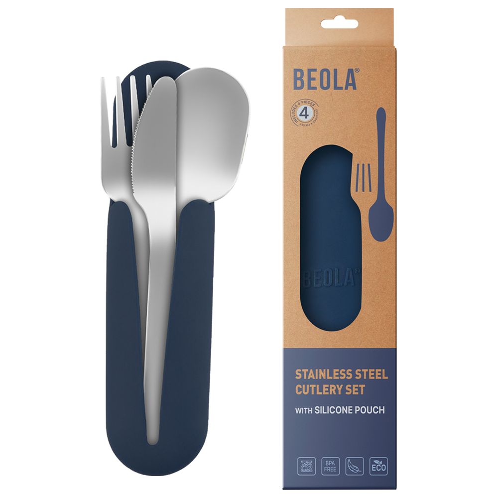 بيولا - طقم أدوات مائدة سفر من الفولاذ المقاوم للصدأ مع حافظة سيليكون - أزرق بحري - 4 قطع