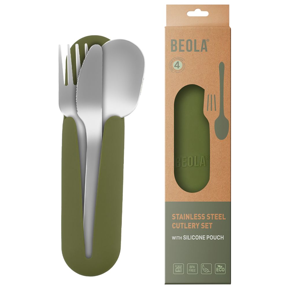 بيولا - طقم أدوات مائدة سفر من الفولاذ المقاوم للصدأ مع حافظة سيليكون - أخضر غابي - 4 قطع