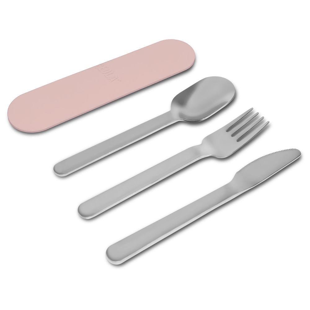 بيولا - طقم أدوات مائدة سفر من الفولاذ المقاوم للصدأ مع حافظة سيليكون - وردي فاتح - 4 قطع