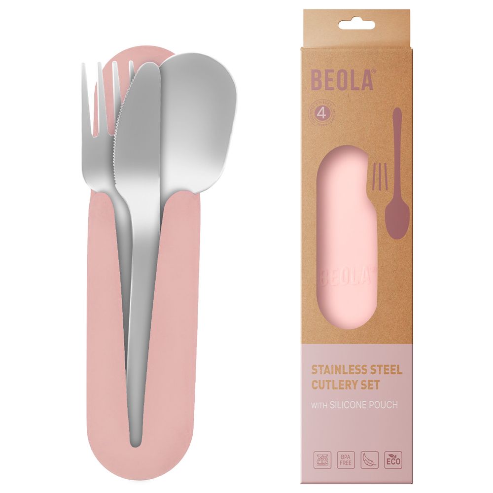 بيولا - طقم أدوات مائدة سفر من الفولاذ المقاوم للصدأ مع حافظة سيليكون - وردي فاتح - 4 قطع