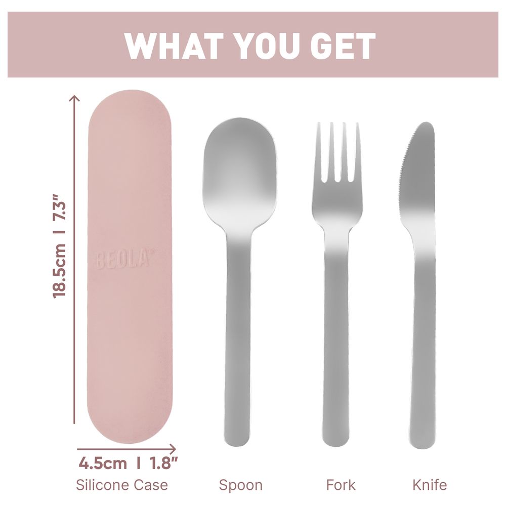 بيولا - طقم أدوات مائدة سفر من الفولاذ المقاوم للصدأ مع حافظة سيليكون - وردي فاتح - 4 قطع
