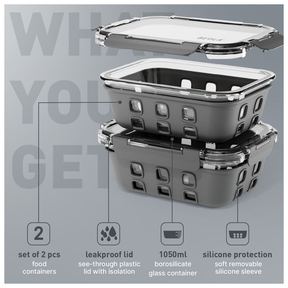 Beola - Borosilicate Glass Meal Prep Food Containers - Lava Grey - Pack of 2 - 1050 ml