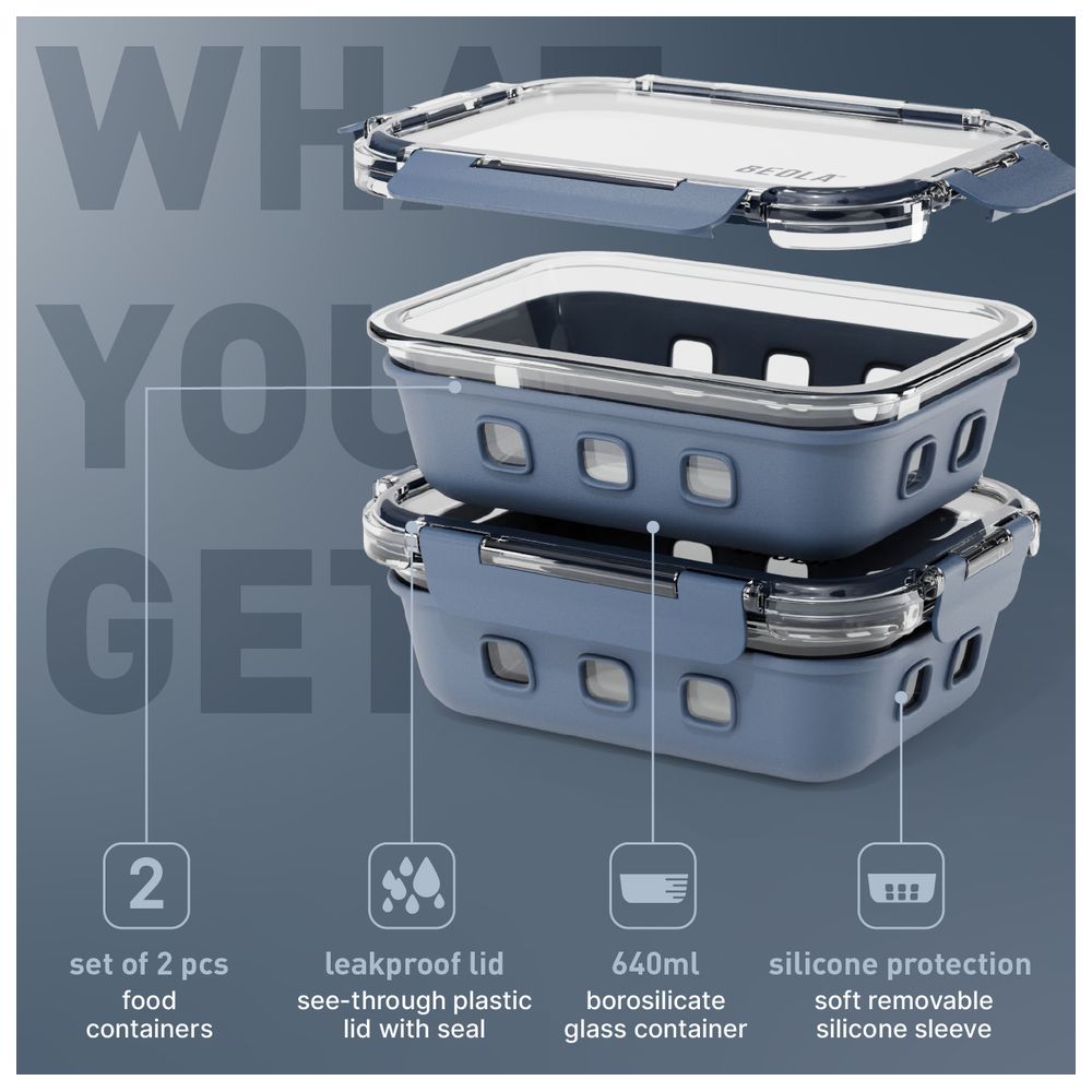 Beola - Borosilicate Glass Meal Prep Food Containers - Marine Blue - Pack of 2 - 640 ml