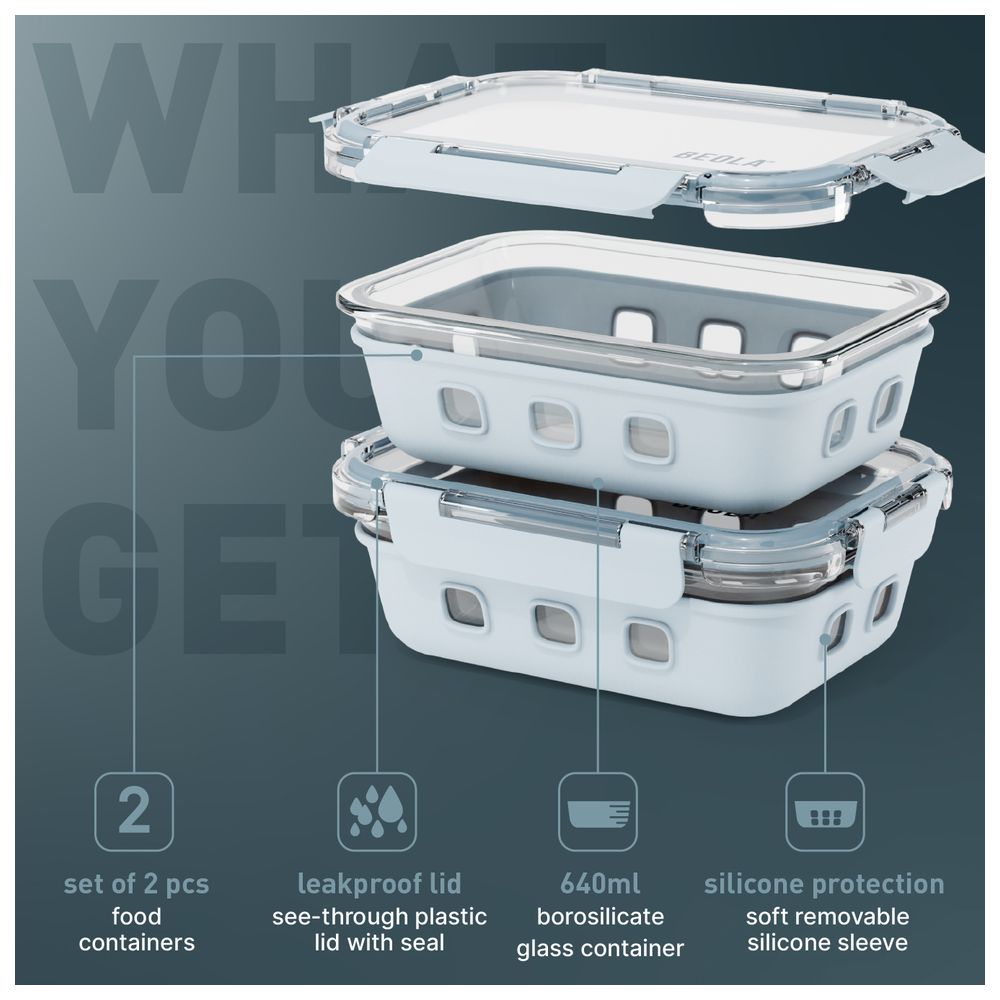 Beola - Borosilicate Glass Meal Prep Food Containers - Ice Blue - Pack of 2 - 640 ml