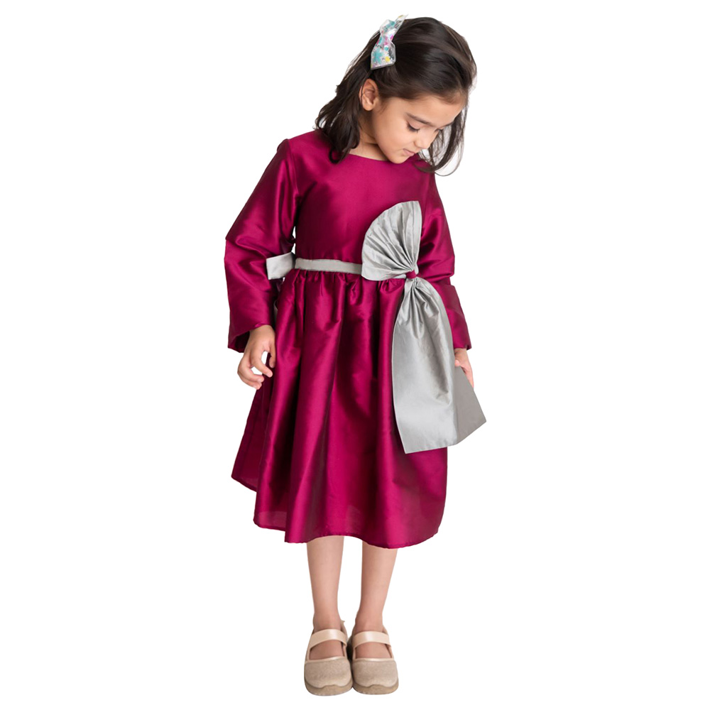 A Little Fable - Bow Full Sleeves Dress - Prune