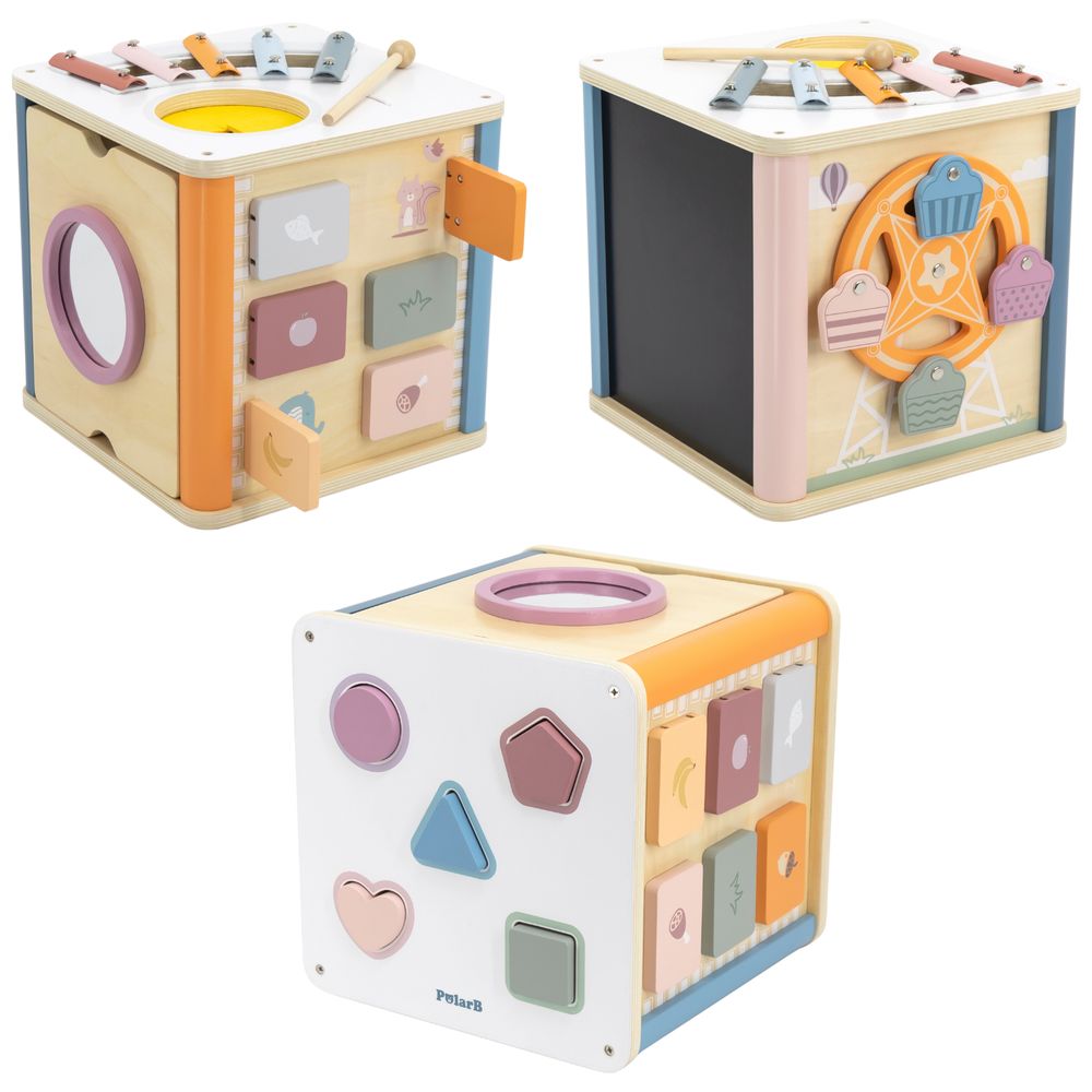 PolarB 8-in-1 Wooden Activity Cube - Xylophone Shape Sorter Bead Maze Mirror Blackboard