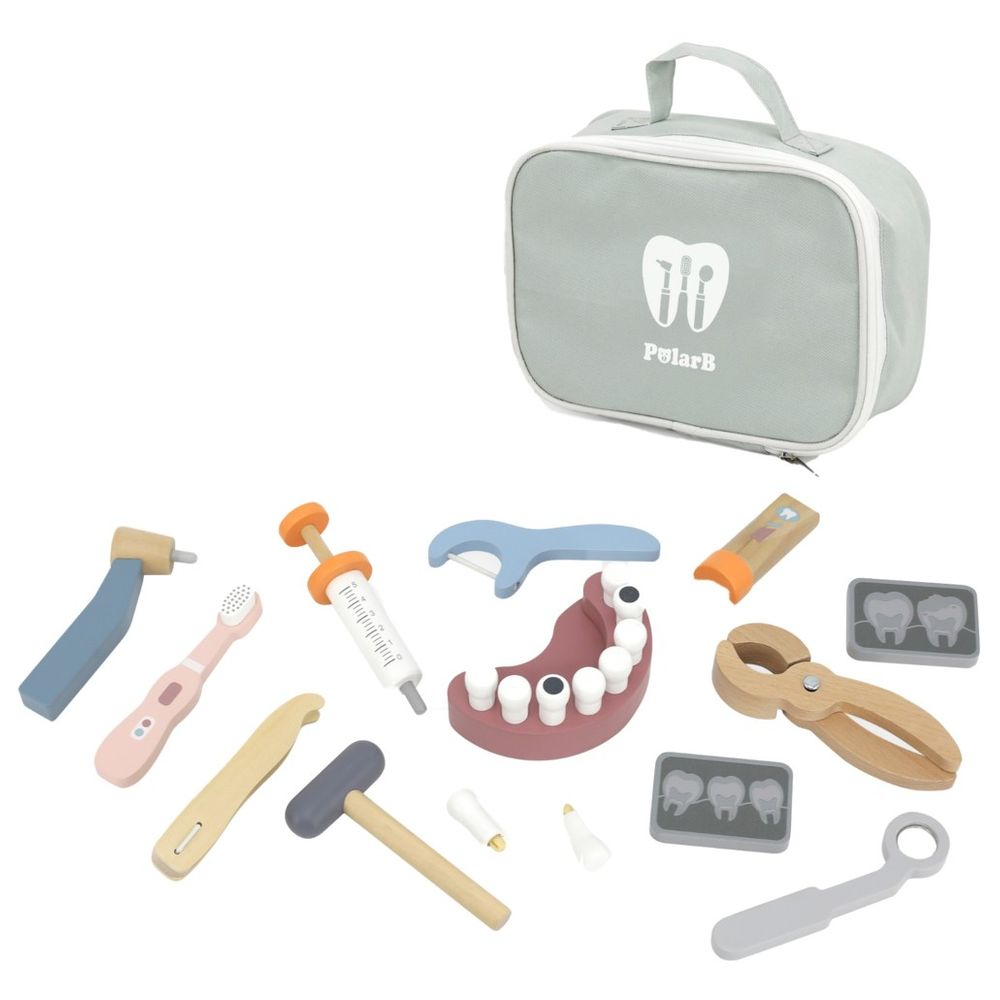 PolarB - Wooden Dentist Roleplay Set with Removable Teeth Dental Tools Carrying Case