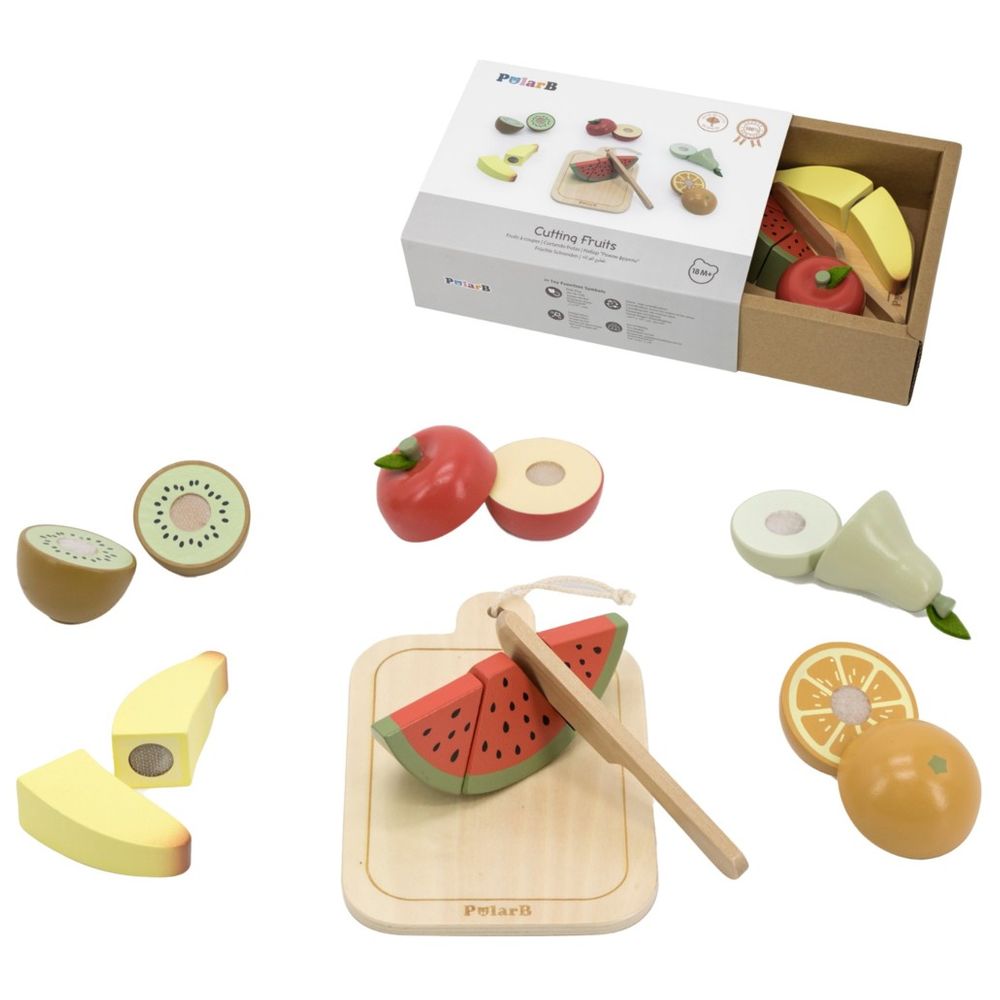PolarB - Wooden Cutting Fruits Play Set - Knife Board & 6 Fruits Pretend Toy