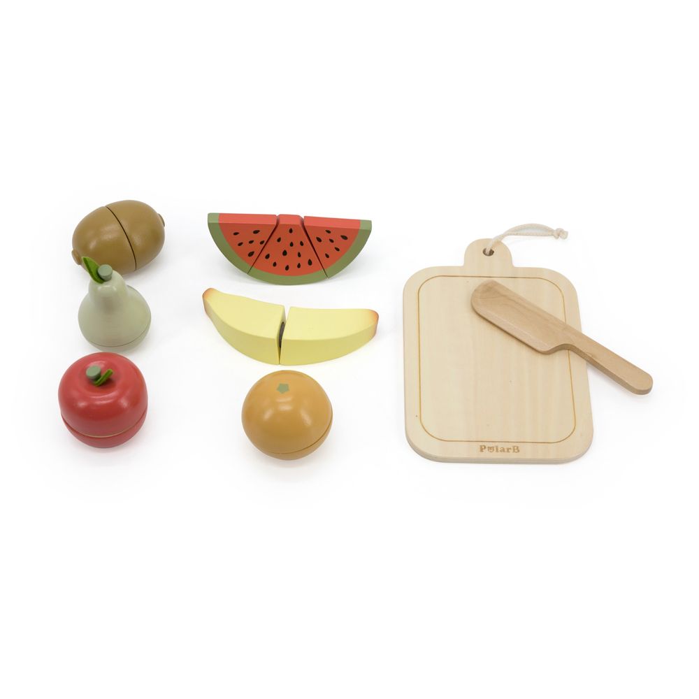 PolarB - Wooden Cutting Fruits Play Set - Knife Board & 6 Fruits Pretend Toy