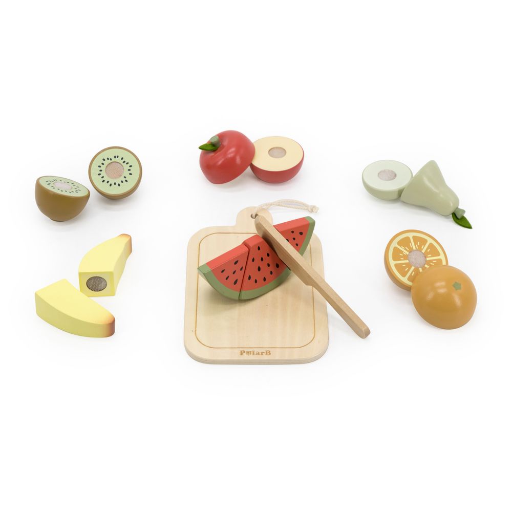 PolarB - Wooden Cutting Fruits Play Set - Knife Board & 6 Fruits Pretend Toy