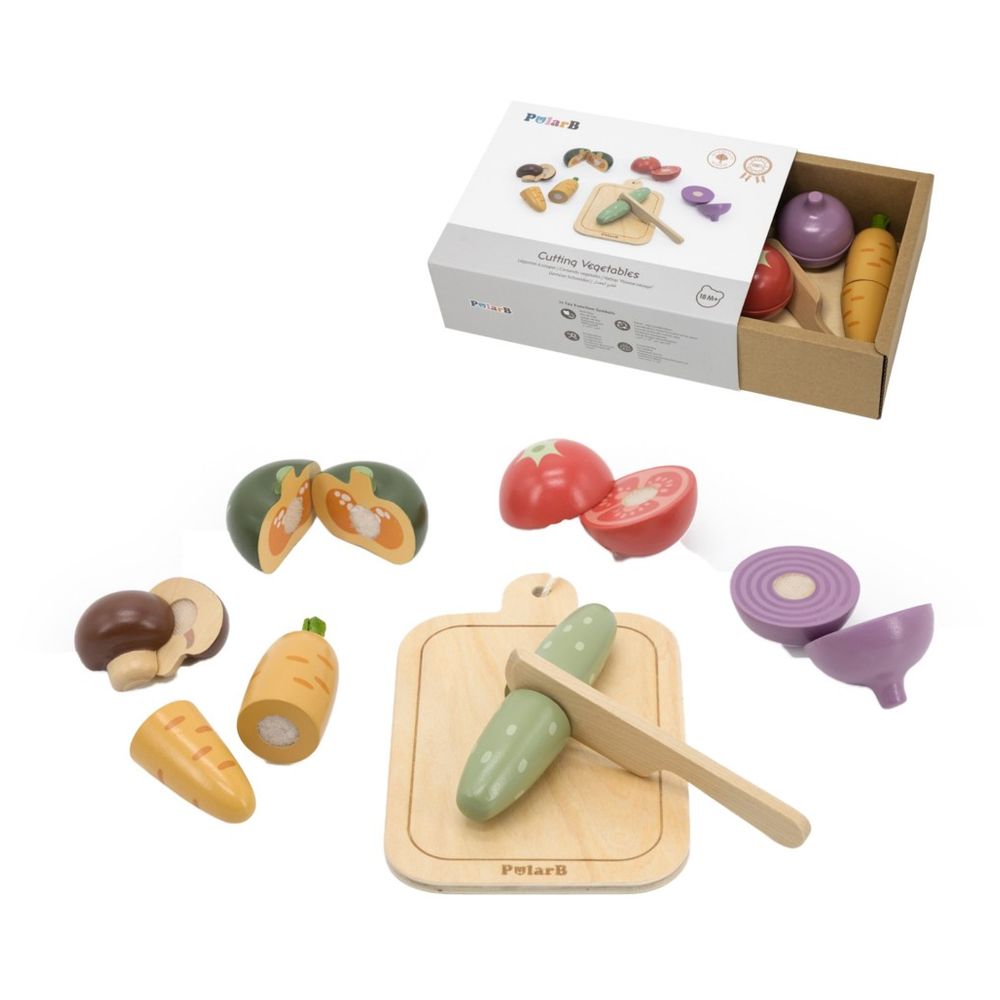 PolarB - Wooden Veggie Chopping Board Set Pretend Play Cutting Knife Toy Montessori