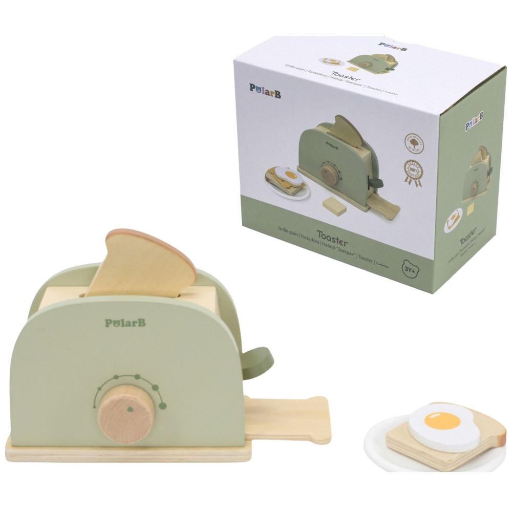 PolarB - Wooden Toaster Set - 6pcs - Pretend Kitchen Toy Bread Egg Cheese Butter Plate