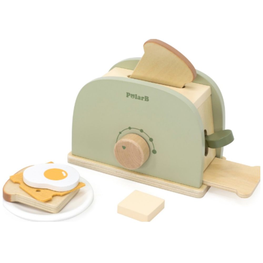 PolarB - Wooden Toaster Set - 6pcs - Pretend Kitchen Toy Bread Egg Cheese Butter Plate