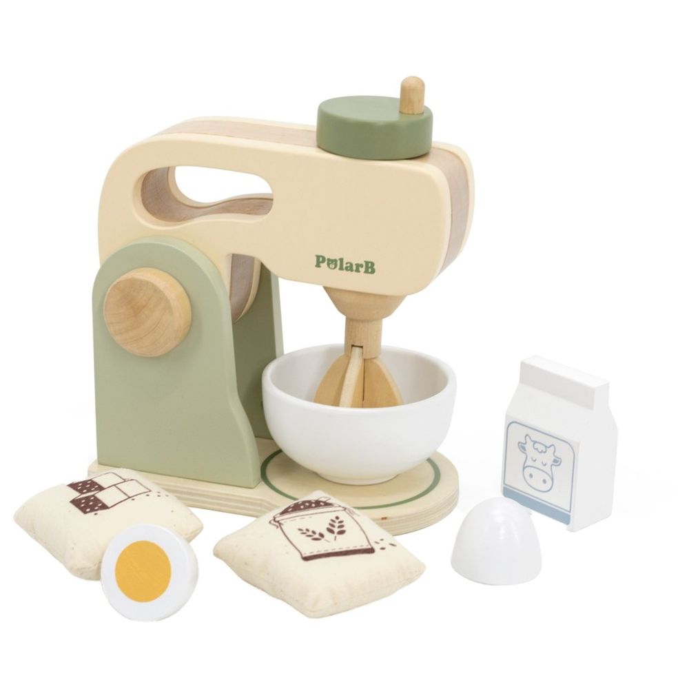 PolarB - Wooden Kitchen Mixer Set Pretend Play Baking Toy w/ Bowl Egg Milk Flour Sugar