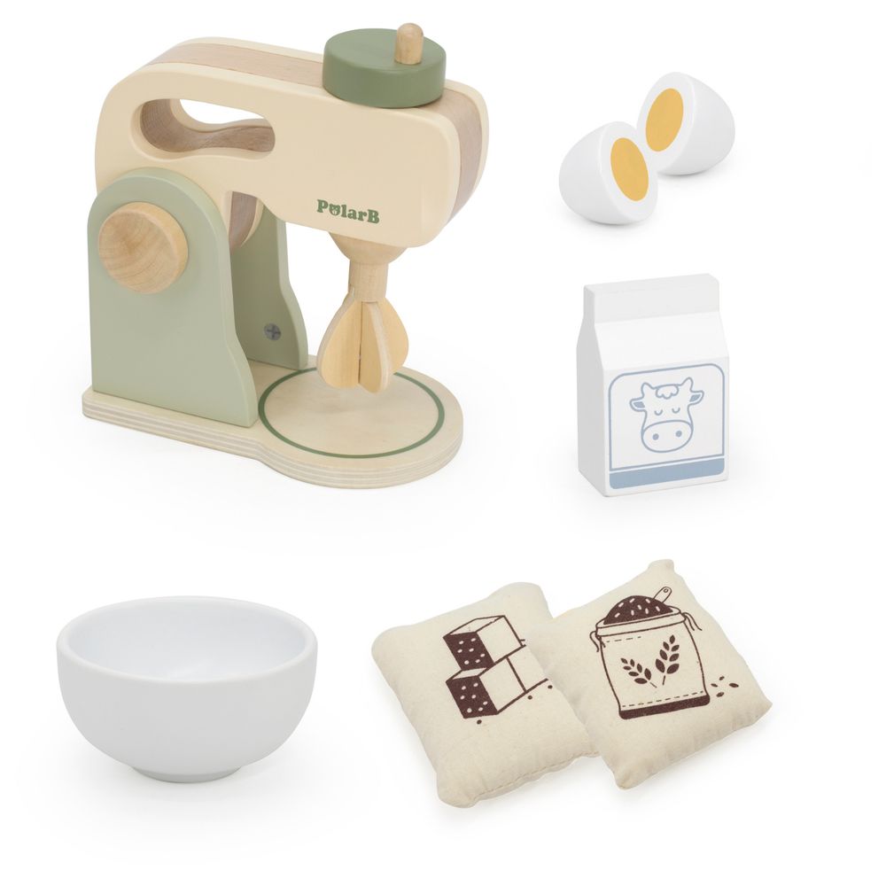 PolarB - Wooden Kitchen Mixer Set Pretend Play Baking Toy w/ Bowl Egg Milk Flour Sugar