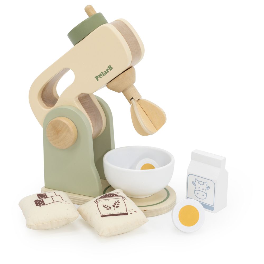 PolarB - Wooden Kitchen Mixer Set Pretend Play Baking Toy w/ Bowl Egg Milk Flour Sugar