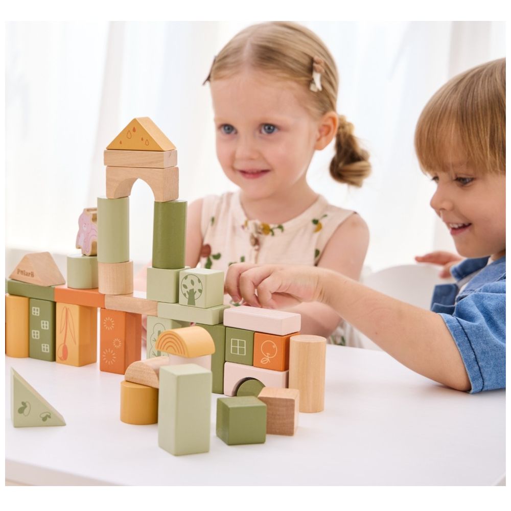 PolarB - Wooden Blocks Set - 50pcs - Green Forest Theme Educational Toy