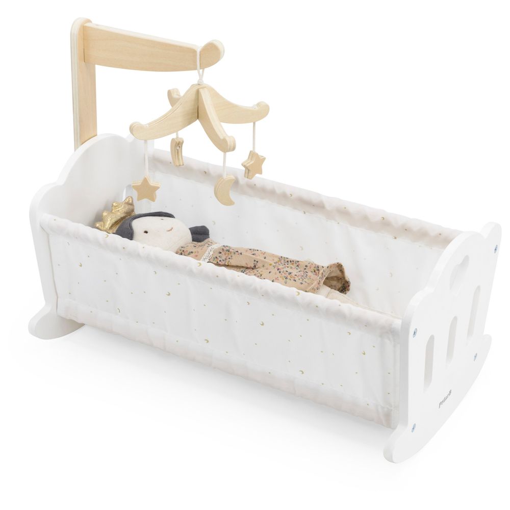 PolarB - Wooden Doll Cradle Solid Wood Rocking Cot Pillow Blanket Crib Mobile