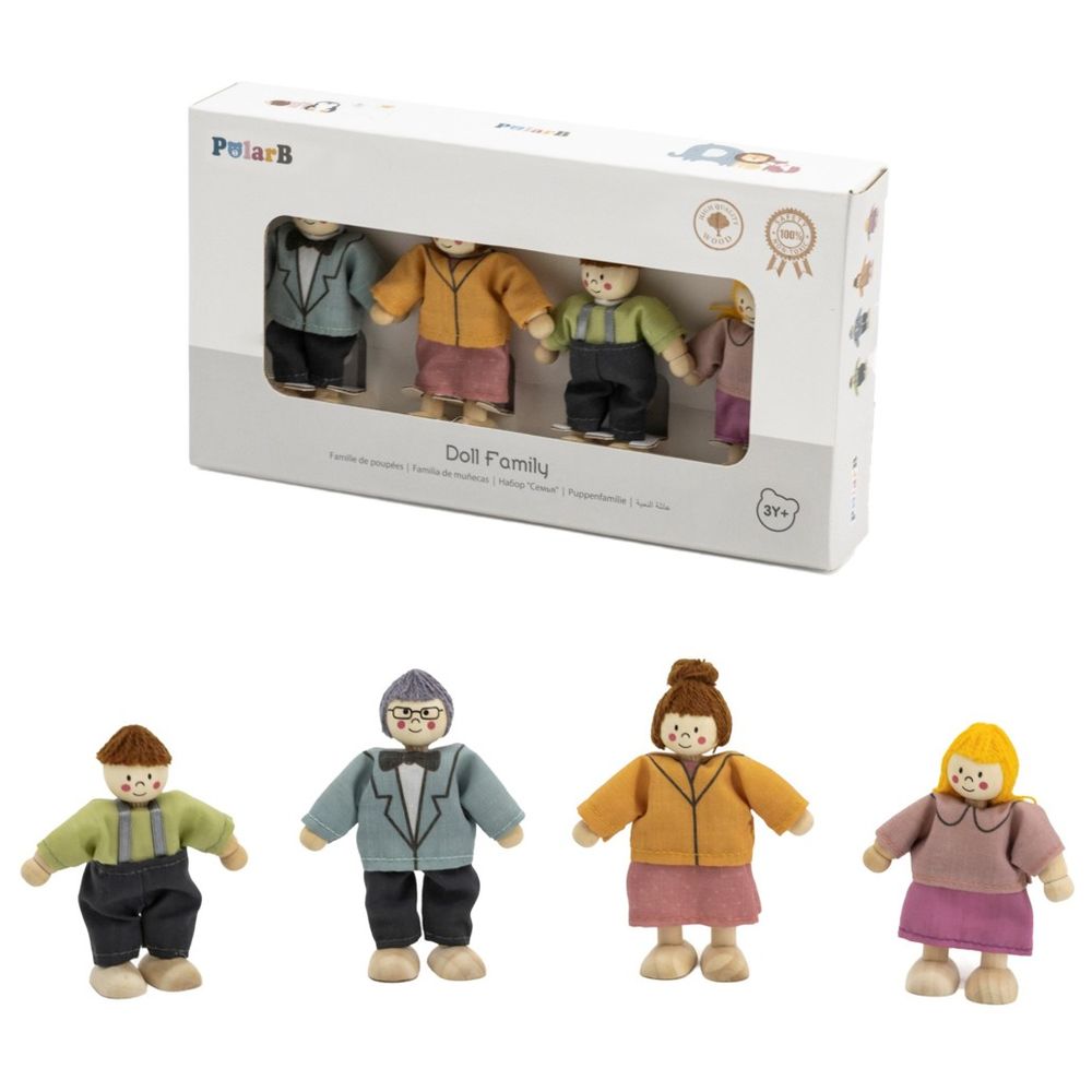 PolarB - Wooden Doll Family Poseable Figures Fabric Clothes Dollhouse Play - 4pcs