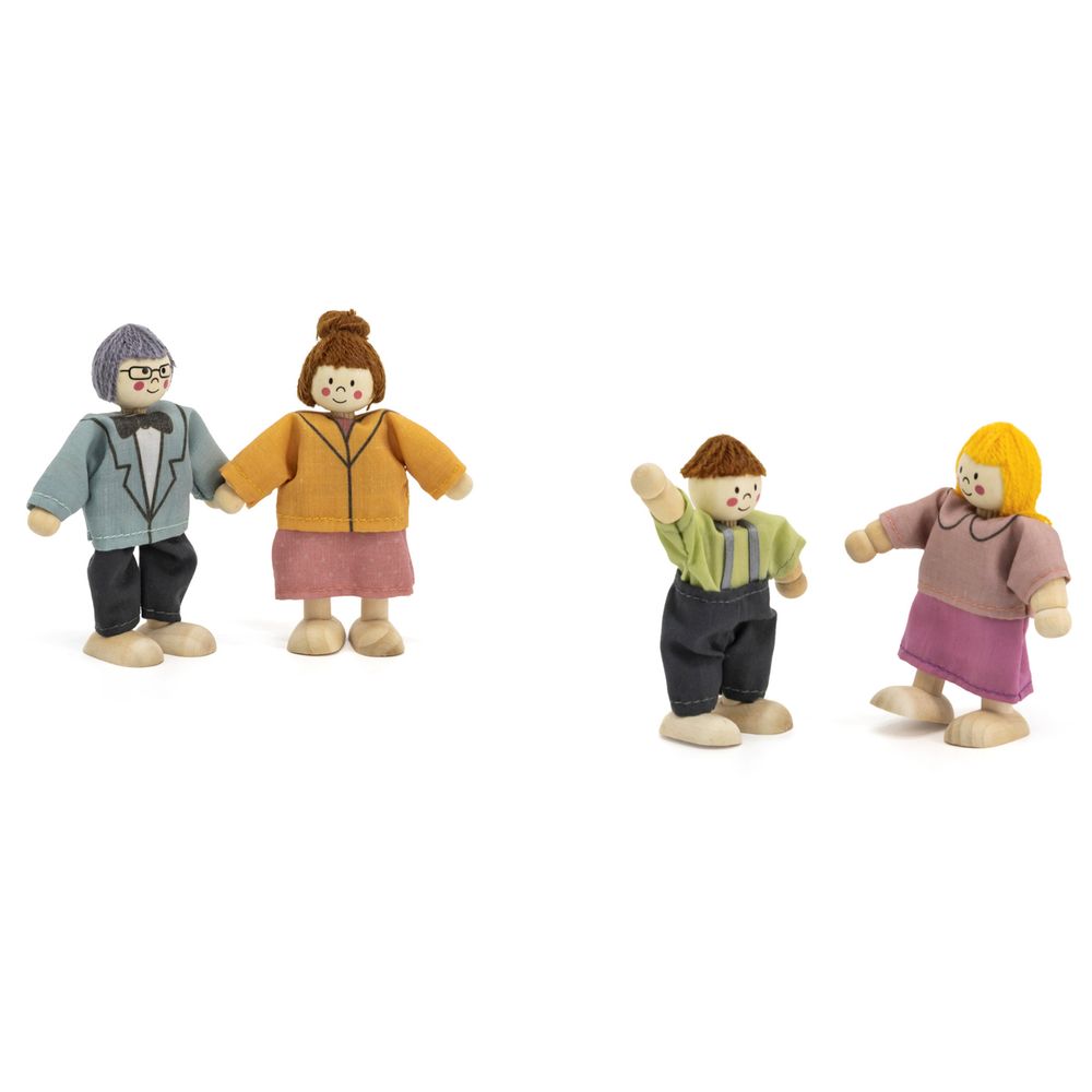 PolarB - Wooden Doll Family Poseable Figures Fabric Clothes Dollhouse Play - 4pcs