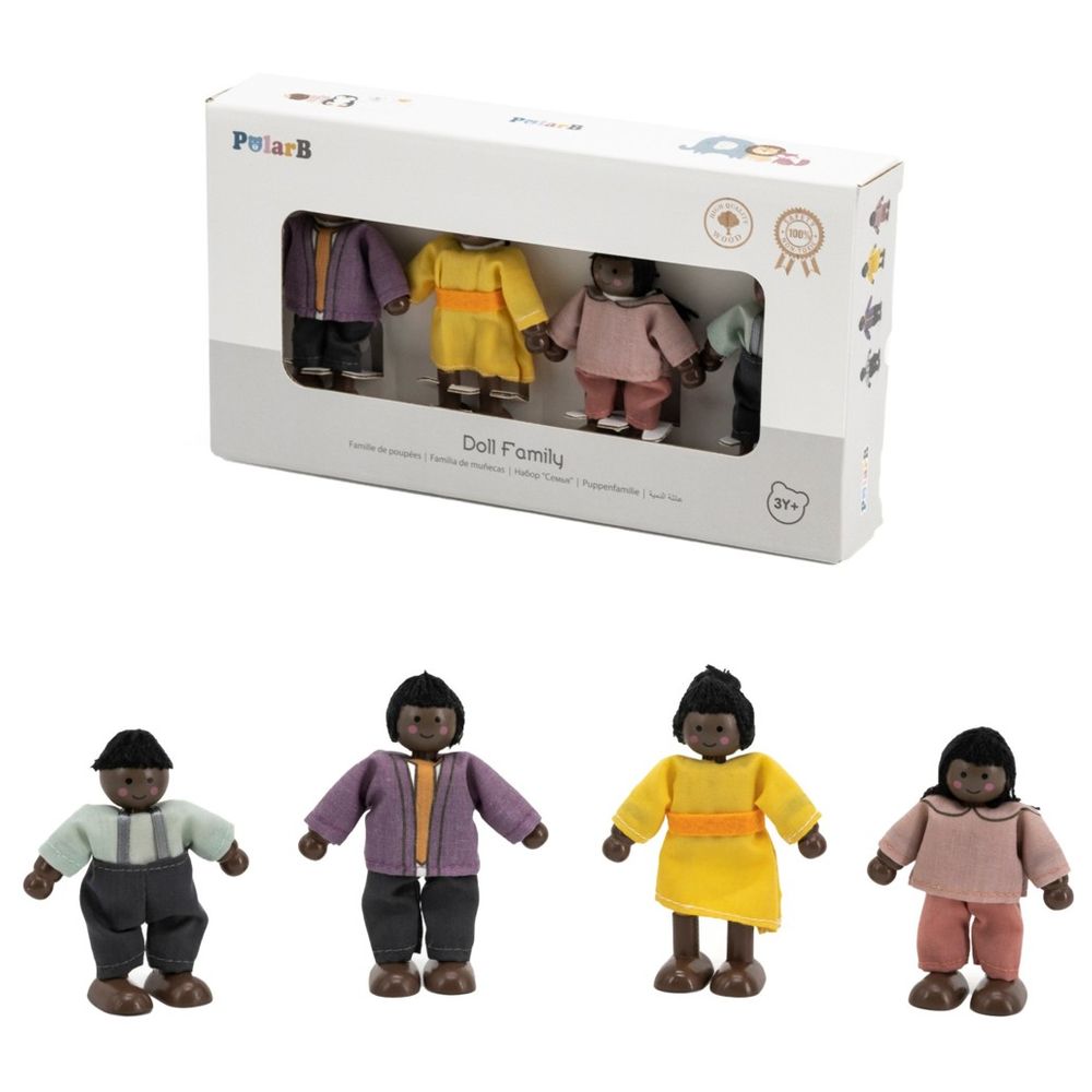 Viga - Wooden Doll Family Set 44255 - 4pcs Poseable Figures Fabric Clothes