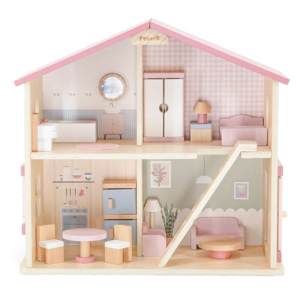 PolarB - 2-Story Wooden Dollhouse - 16pcs - Pastel Furniture Set