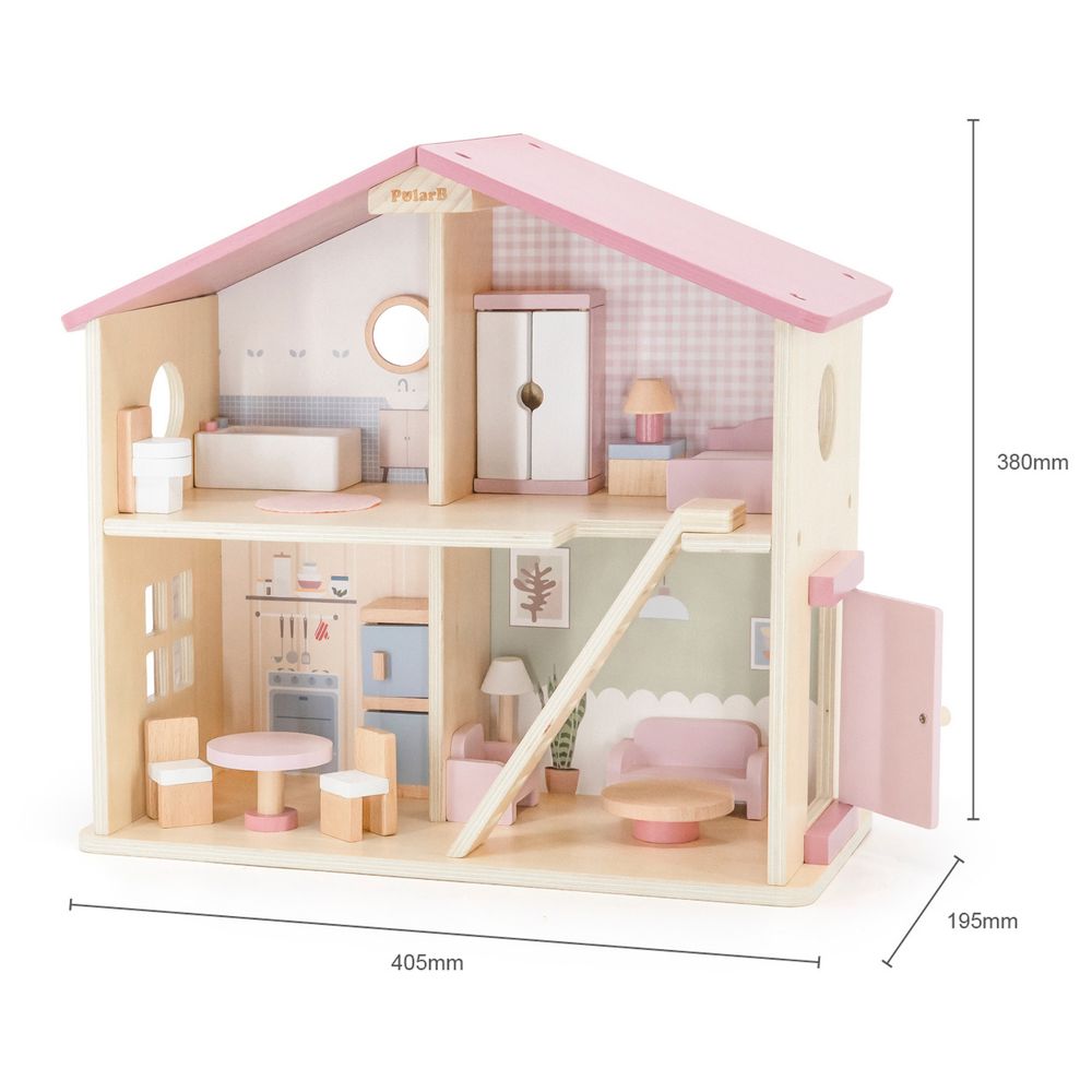 PolarB - 2-Story Wooden Dollhouse - 16pcs - Pastel Furniture Set