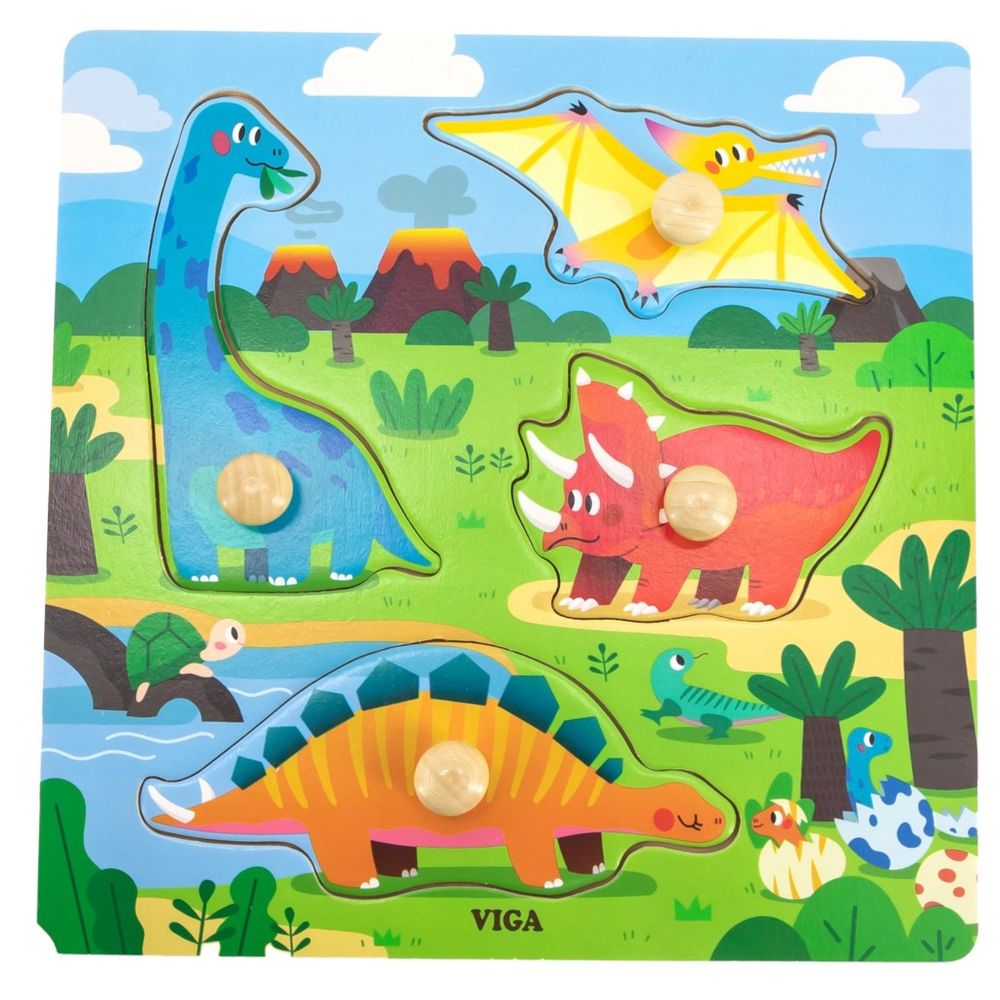 Viga - Dinosaurs Knob Puzzle - 4pcs Montessori Wooden Educational Toy