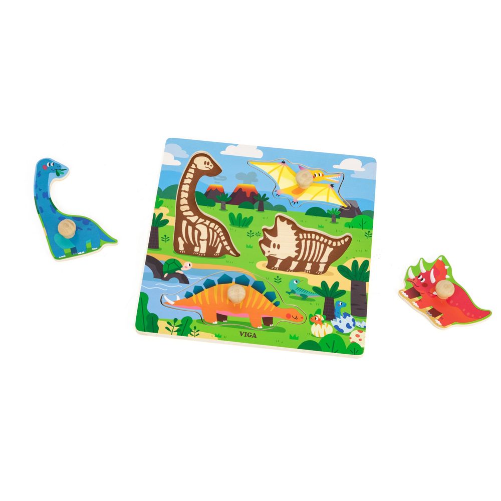 Viga - Dinosaurs Knob Puzzle - 4pcs Montessori Wooden Educational Toy