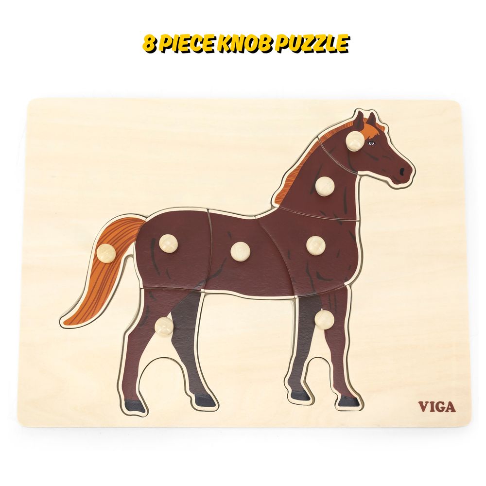 Viga - Horse Farm Animals Knob Puzzle - 8pcs Montessori Wooden Toy